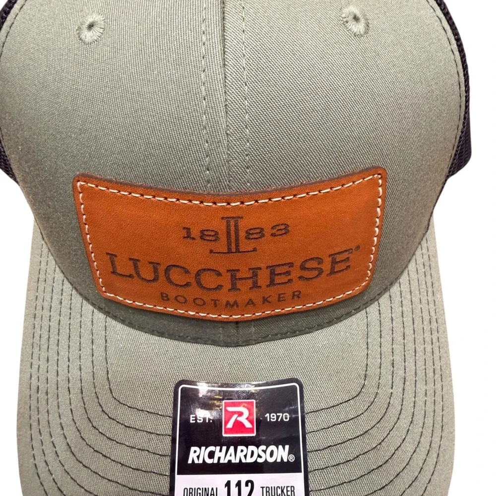 Lucchese Mens Trucker Hat Richardson 112 Leather Patch Sage Green Mesh Snapback